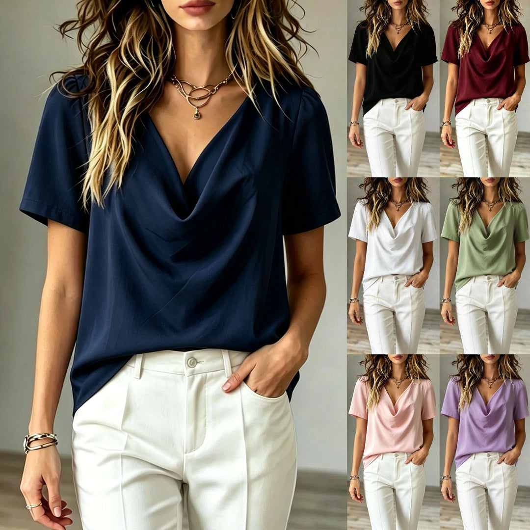 Women’s loose-fit V-neck short-sleeve T-shirt, dark blue