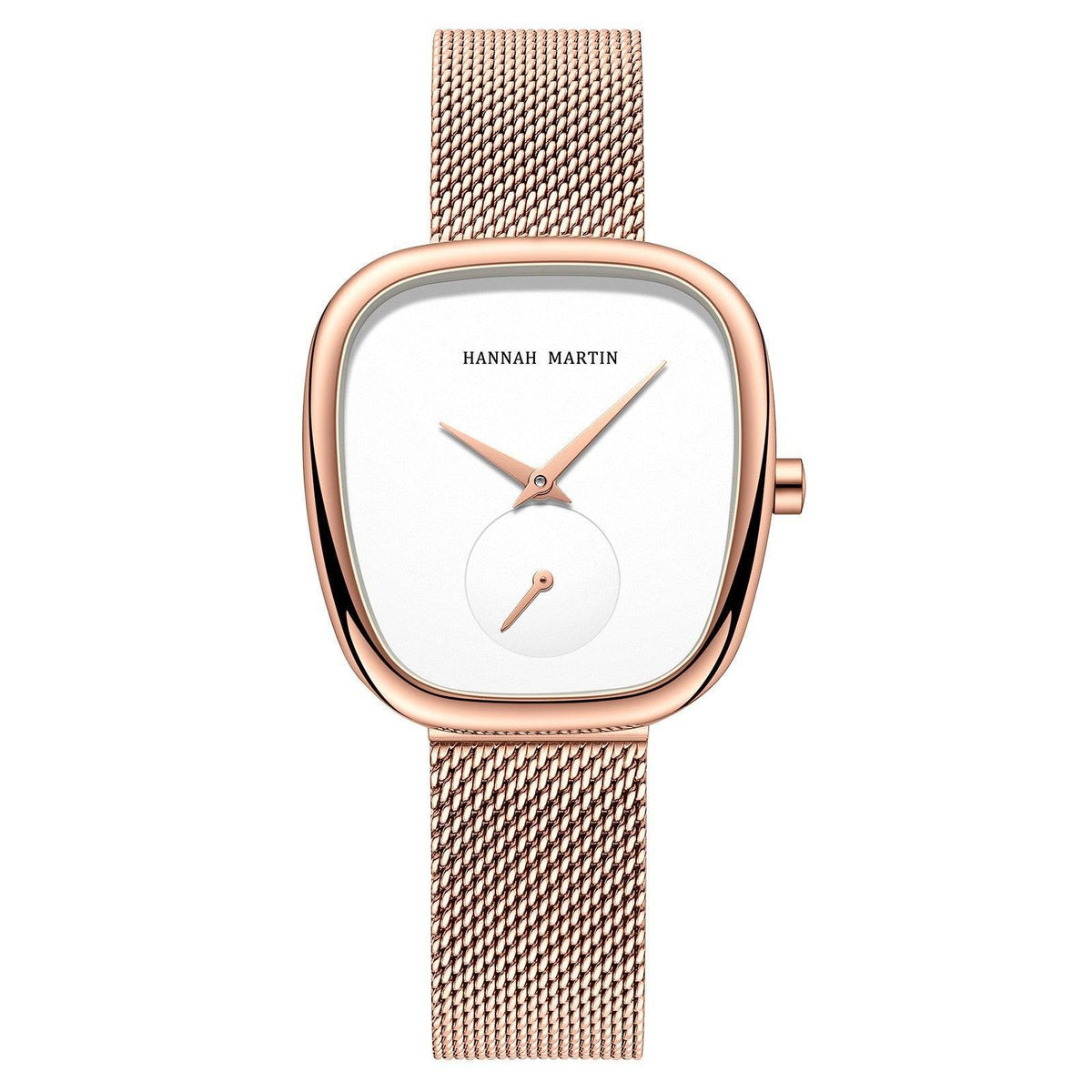 Rose-gold quartz wristwatch with white dial and mesh milan bracelet, oval case profile.