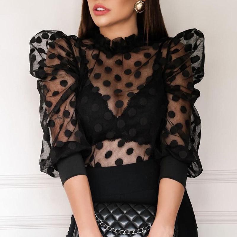 Polka Dot Net Yarn Fungus Side Collar Blouse Women - WOMONA.COM