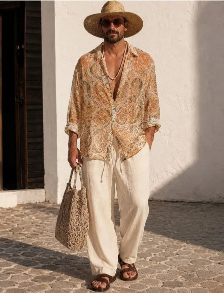 Multicolor mosaic print resort shirt with V-neck, button front, and long sleeves