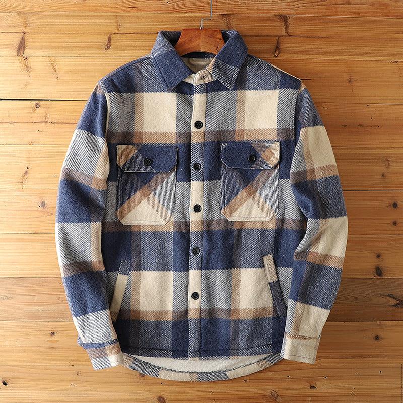 Men's fleece-lined plaid lapel shirt coat in blue and beige with cream sherpa lining