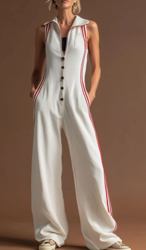 Off-white sleeveless collared jumpsuit with red side stripes and front buttons
