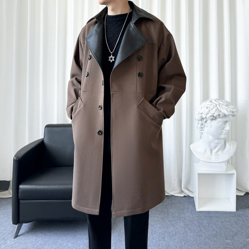 Youth brown trench coat with black faux-leather lapels and double-breasted buttons
