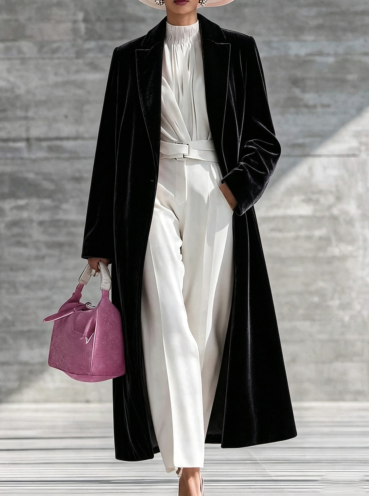 Black velvet V-neck over-the-knee coat with long sleeves, open front.