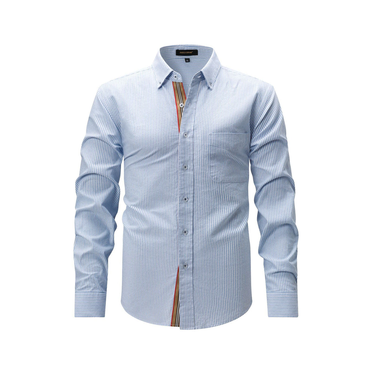 Men's light blue striped long-sleeve button-up shirt with woven trim placket
