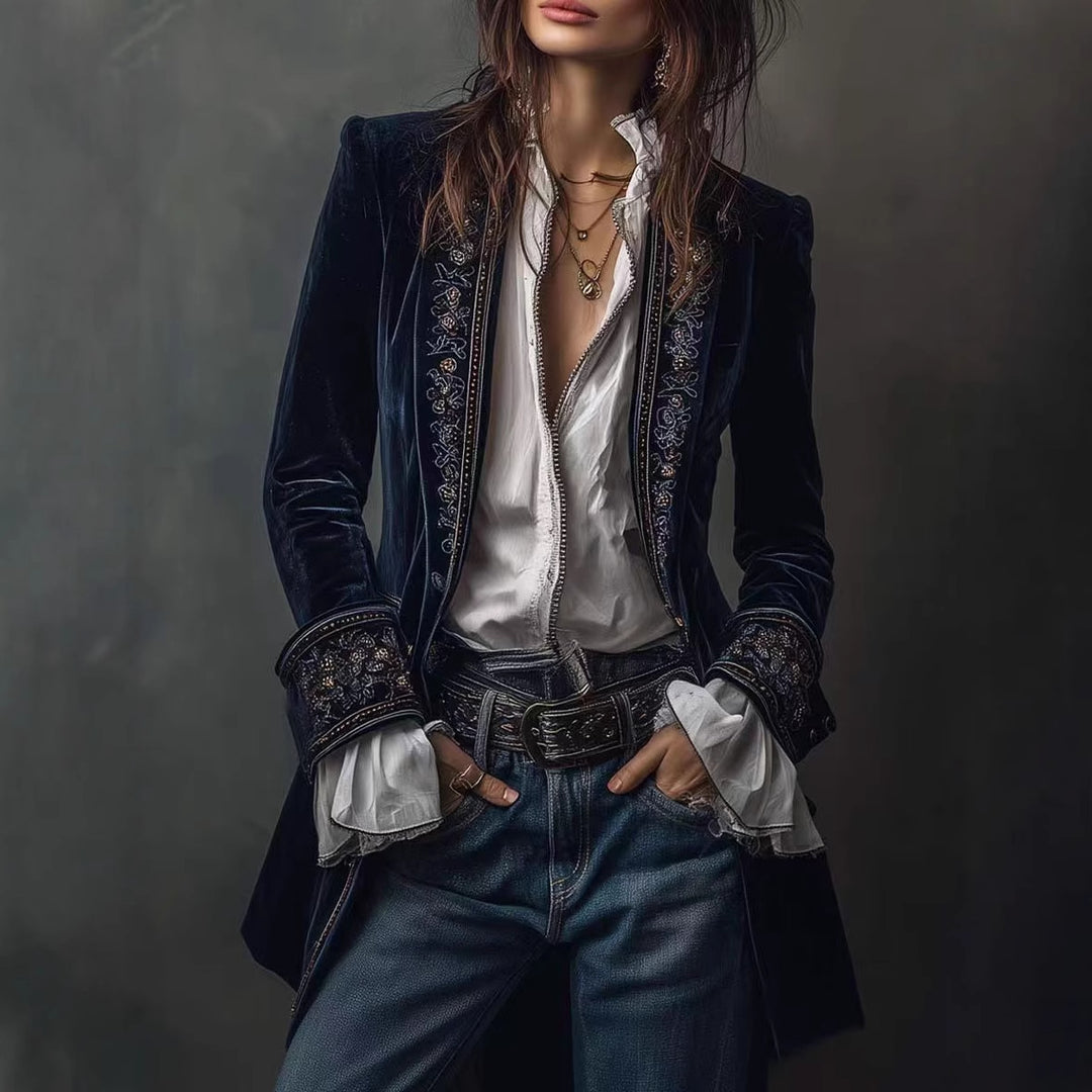 Long sleeve lace-trim pleuche coat in dark navy with embroidered front and cuffs