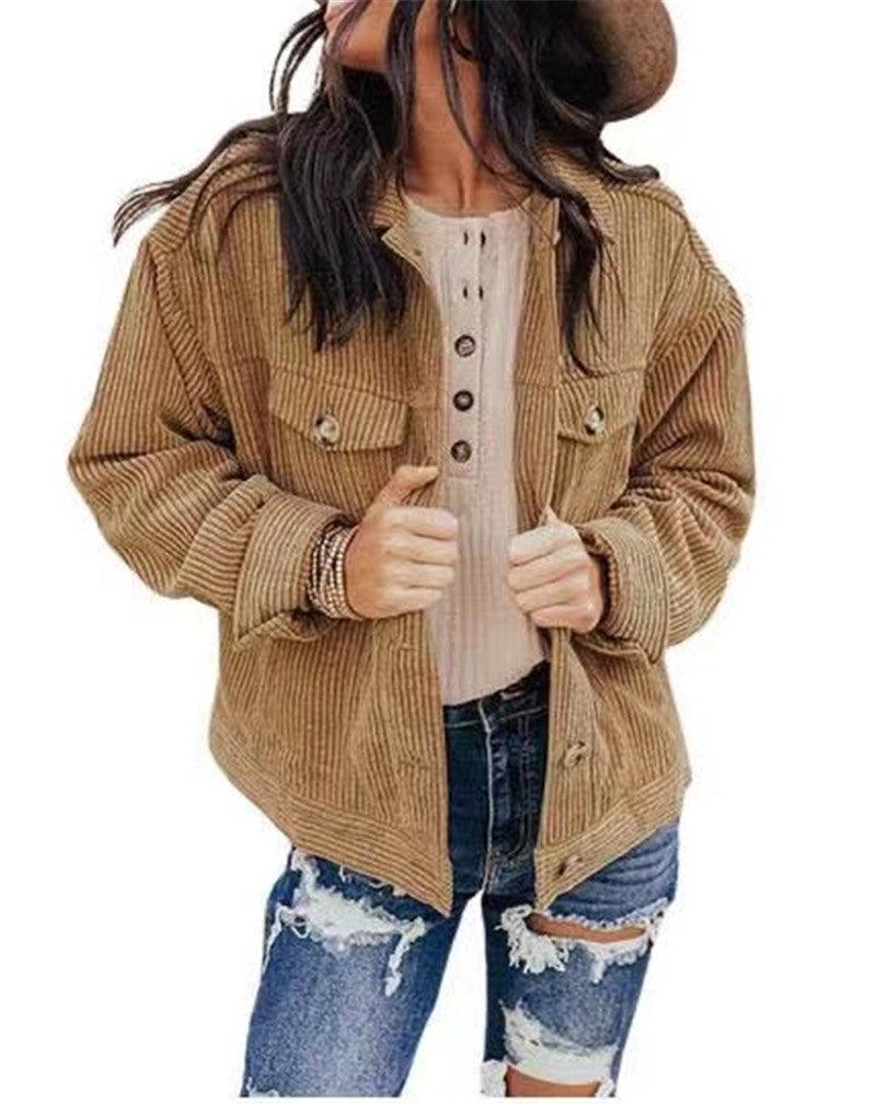 Women's solid color jacket in khaki, button front with chest pockets and snap cuffs