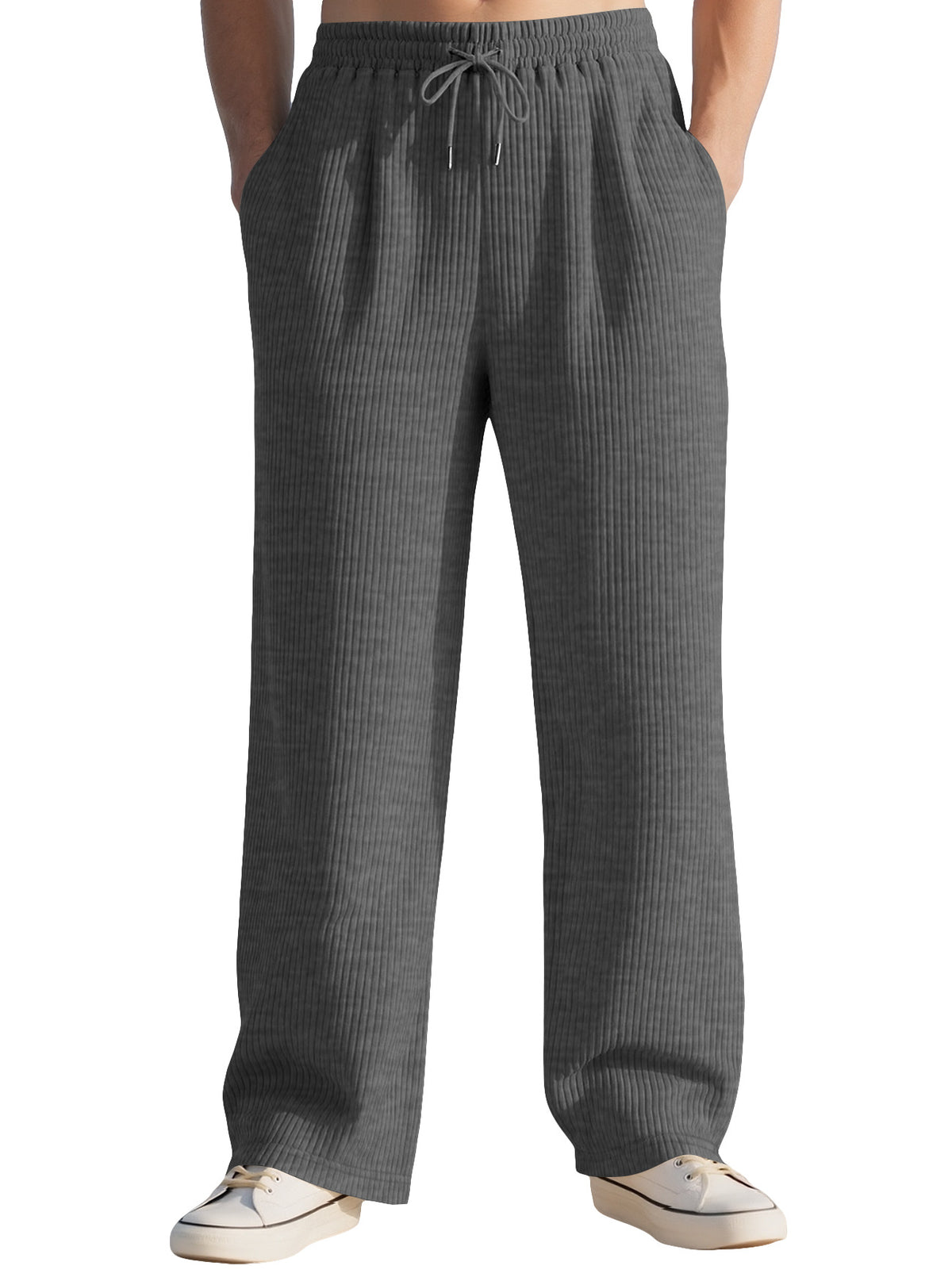 Dark gray wide-leg sports sweatpants with elastic drawstring waistband