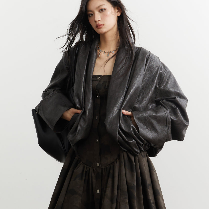 Unisex ebony-brown pleated faux leather jacket