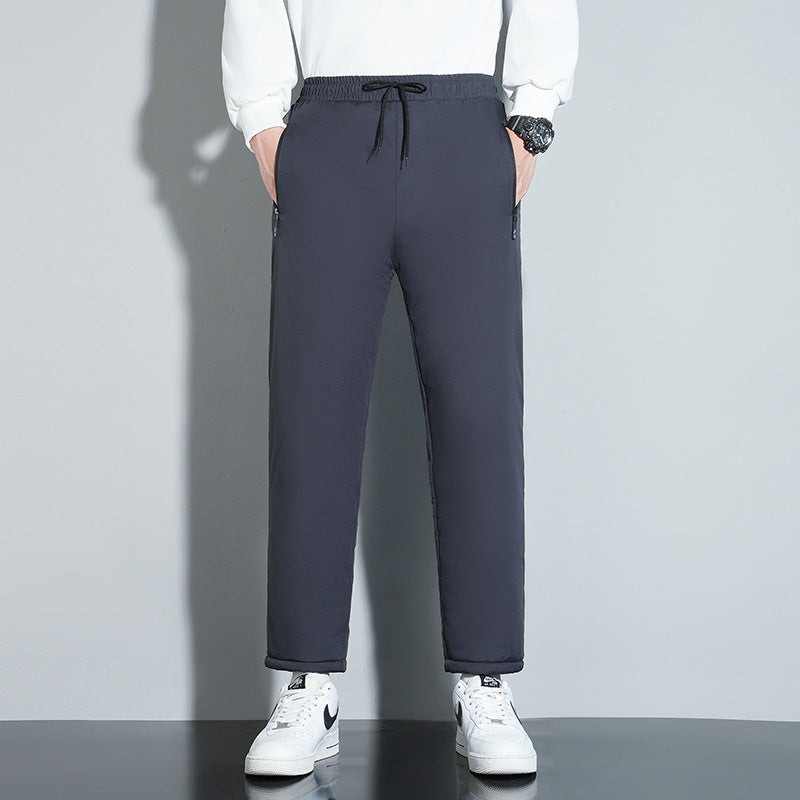 Men’s dark casual pants with drawstring waist and beige fleece-lined hems