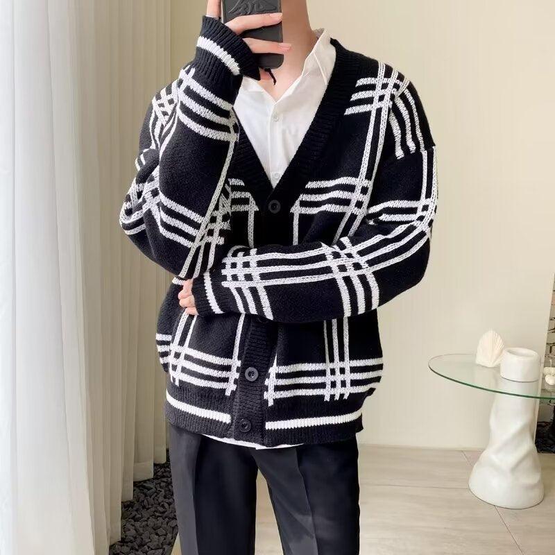 Men's knitted cardigan coat in dark navy/black with white plaid stripes, V-neck buttons