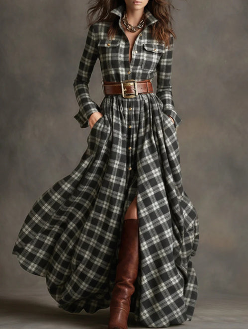 Women's plaid button-front long shirt dress