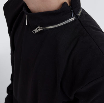 Zip-up Stand-up Collar Shoulder Pad Base Shirt - WOMONA.COM