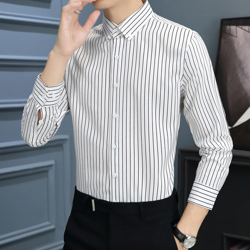 Mens long-sleeve striped shirt, white with thin black vertical stripes and button front
