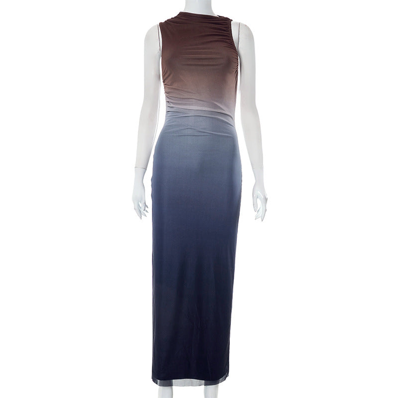 Round Neck Sleeveless Tie-dyed Mesh Long Dress - WOMONA.COM