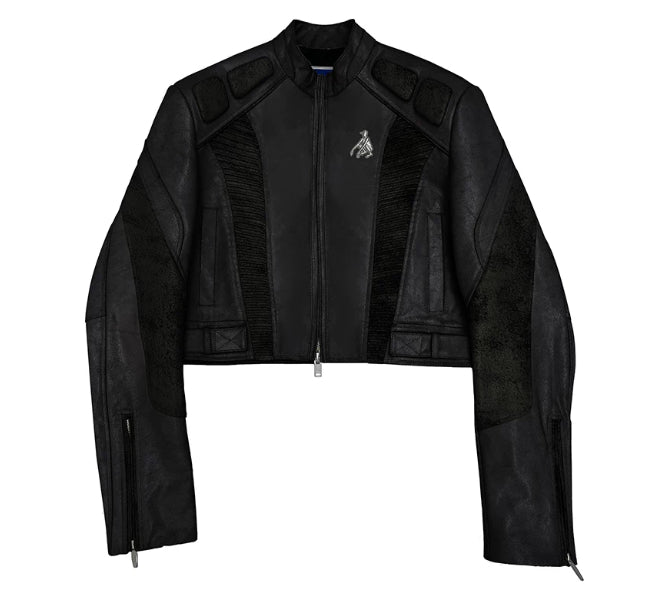 Black biker leather jacket with front zipper, stand collar, and panel detailing
