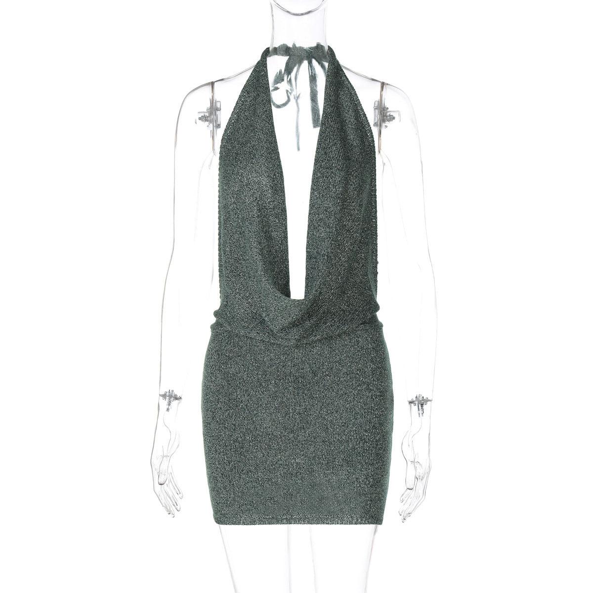 Green wool halter mini dress with lace-up neck and open back