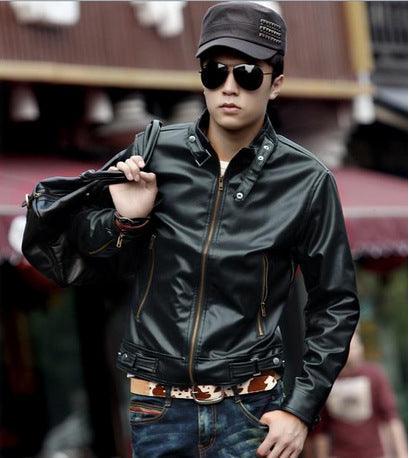 Men's short stand-collar coat, dark olive faux leather, front zipper with snap tabs