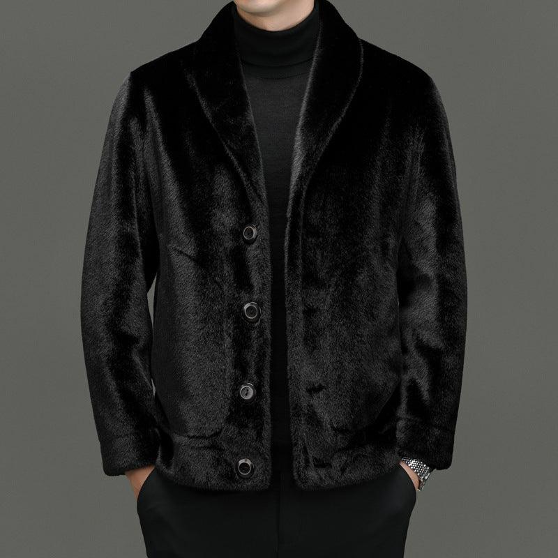Black faux-fur padded coat with shawl collar and button front, plush textured finish