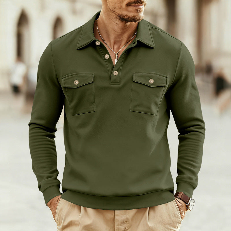 Men's long-sleeve lapel polo top in army green with button placket and dual chest flap pockets