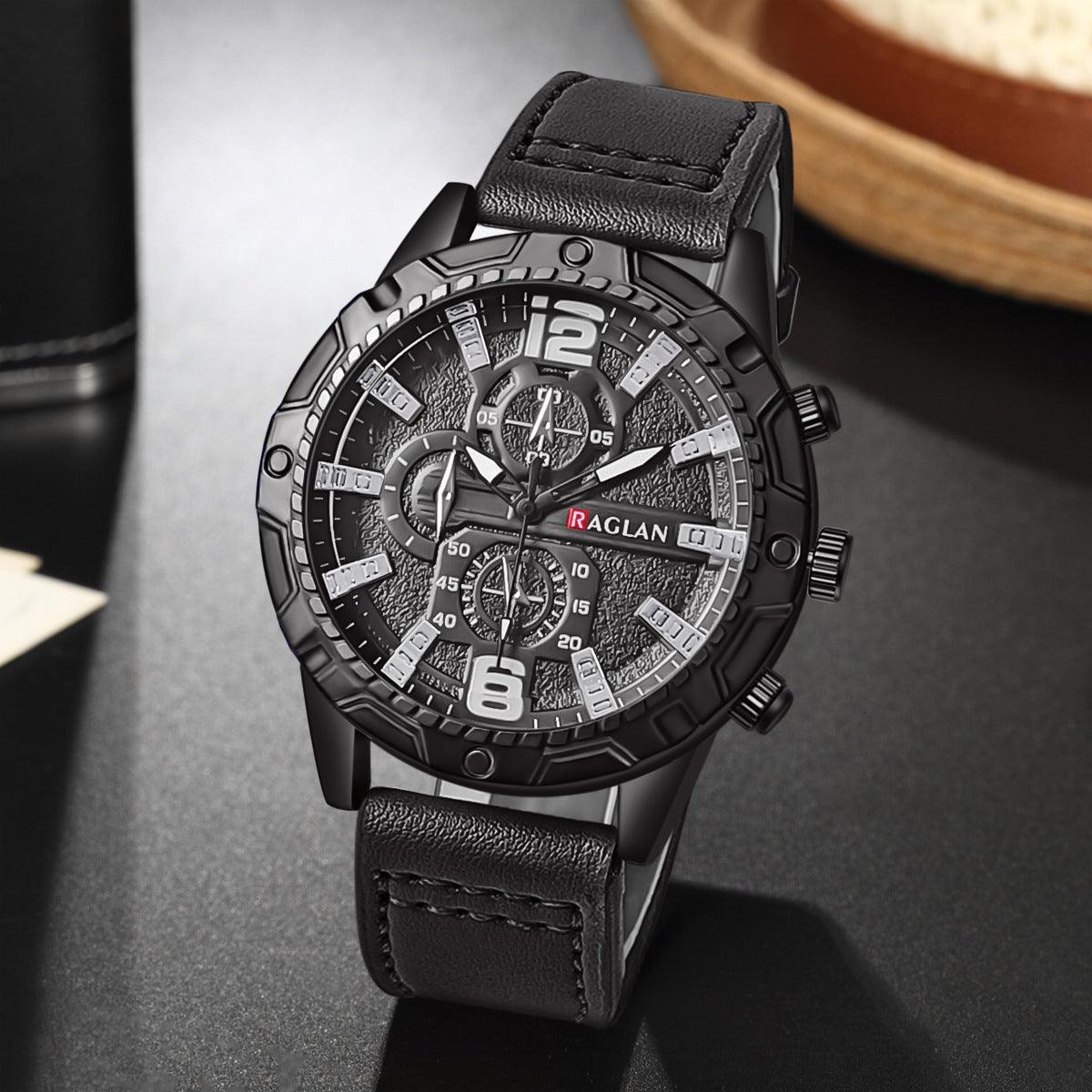 Men's quartz wristwatch with black dial, black case, and black leather strap