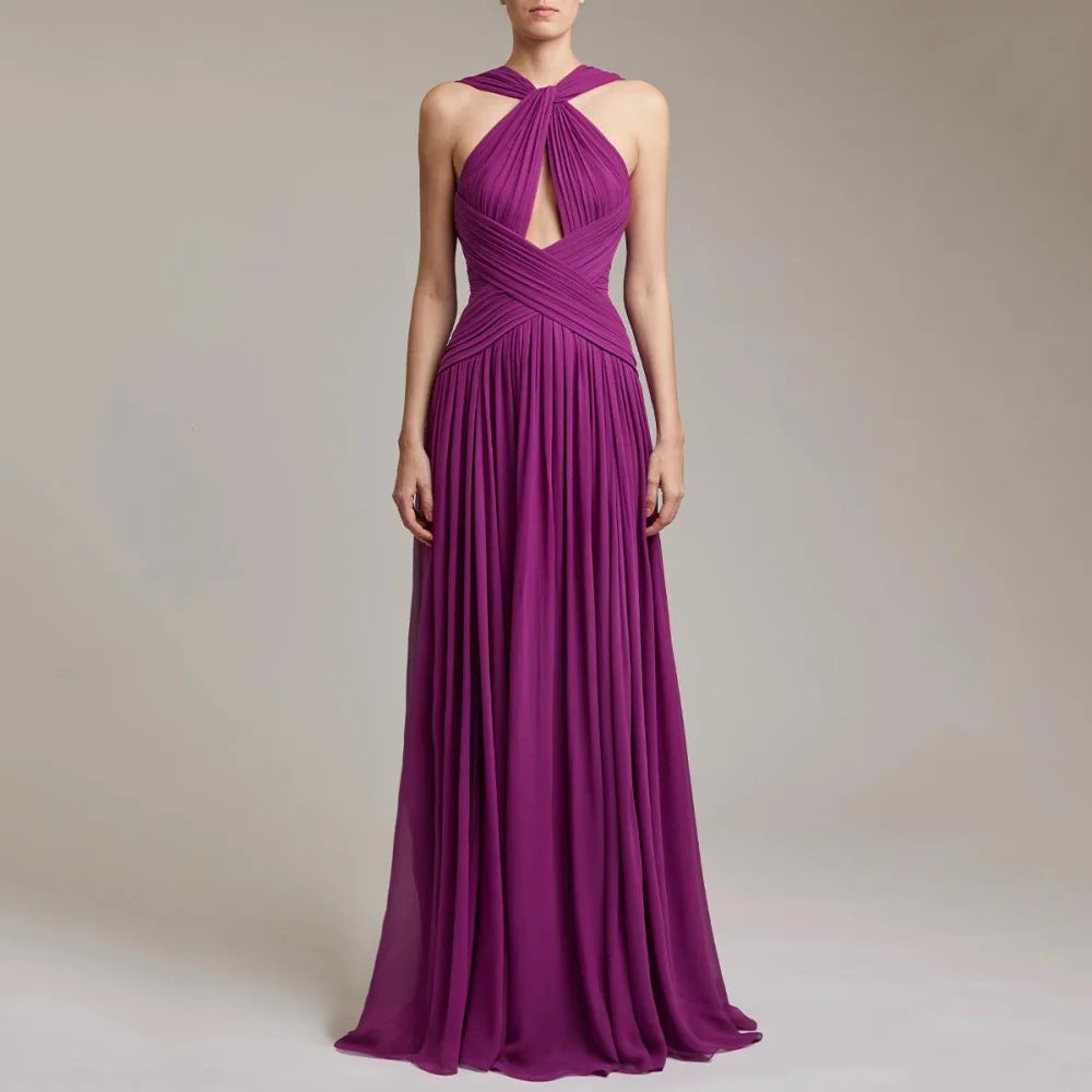 Plum Twist Halter Ruched Chiffon Evening Maxi Dress