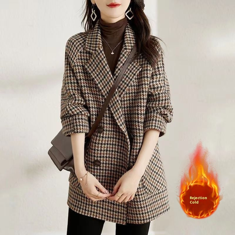 Suit Collar Houndstooth Woolen Coat Woman