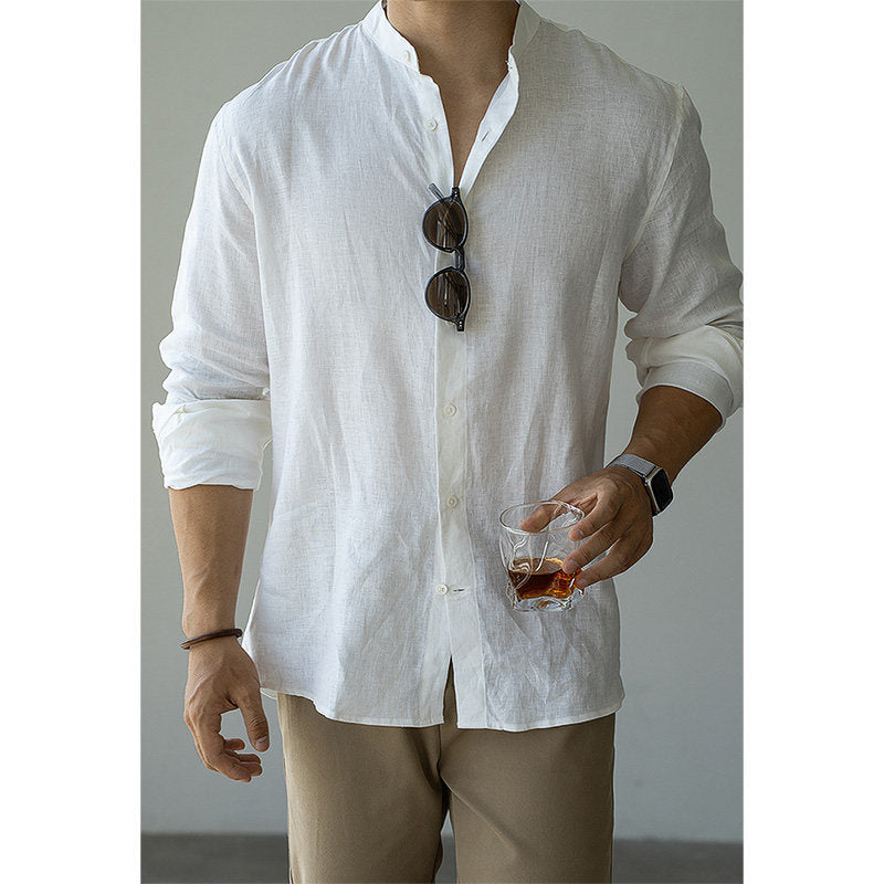 Men's light-colored standing-collar button-up shirt with long sleeves
