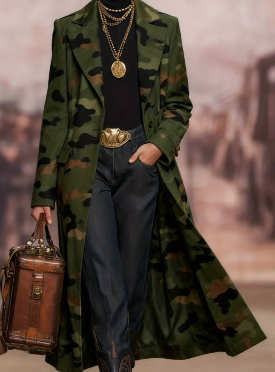 Women's long plaid lapel coat, olive green with camouflage print, open front, long sleeves.