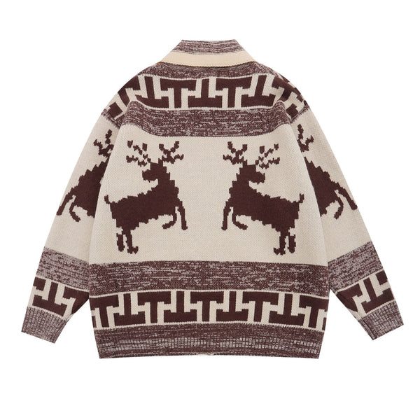 Retro Elk Jacquard Lapel Cardigan Sweater - WOMONA.COM