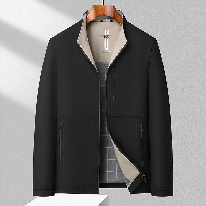 Men's hooded jacket in black with zip front, stand collar, and side zipper pockets