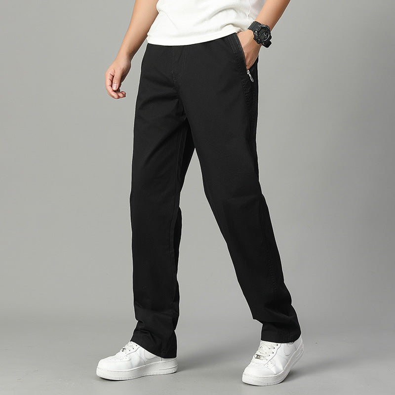 Black cotton casual long pants with side pockets and straight, relaxed fit.