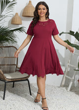 Burnt Flower Hollow-out Cinched Short Sleeve Large Swing Solid Color Dress - WOMONA.COM