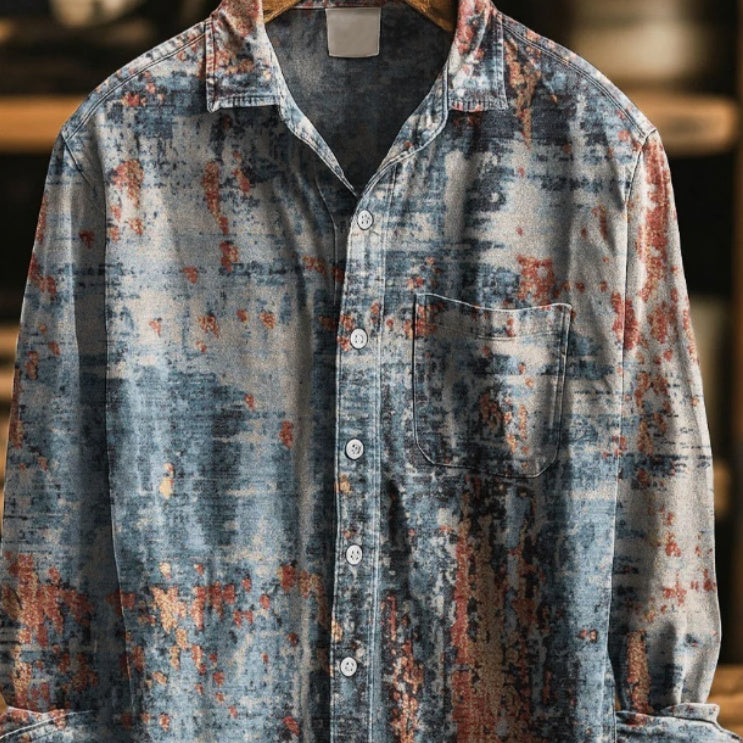 Men's button-up shirt with spread collar, long sleeves, chest pocket, blue-orange print