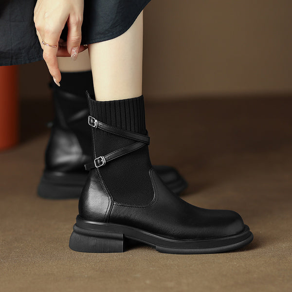 Thick Bottom Chunky Heel Real Soft Leather Round Toe Retro Socks Boots - WOMONA.COM