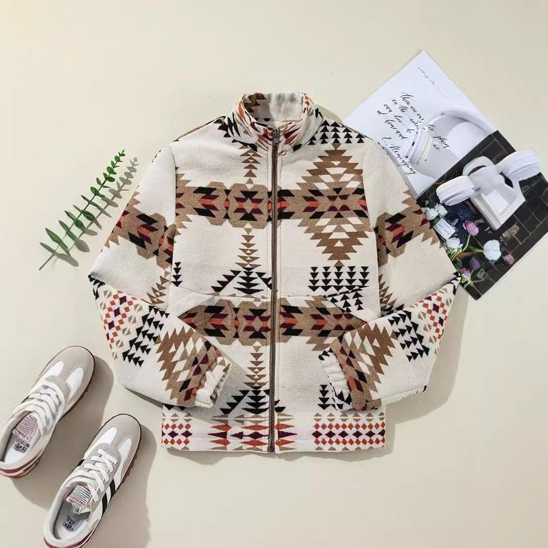 Women's cream geometric zip jacket with multicolor pattern, front view laid flat