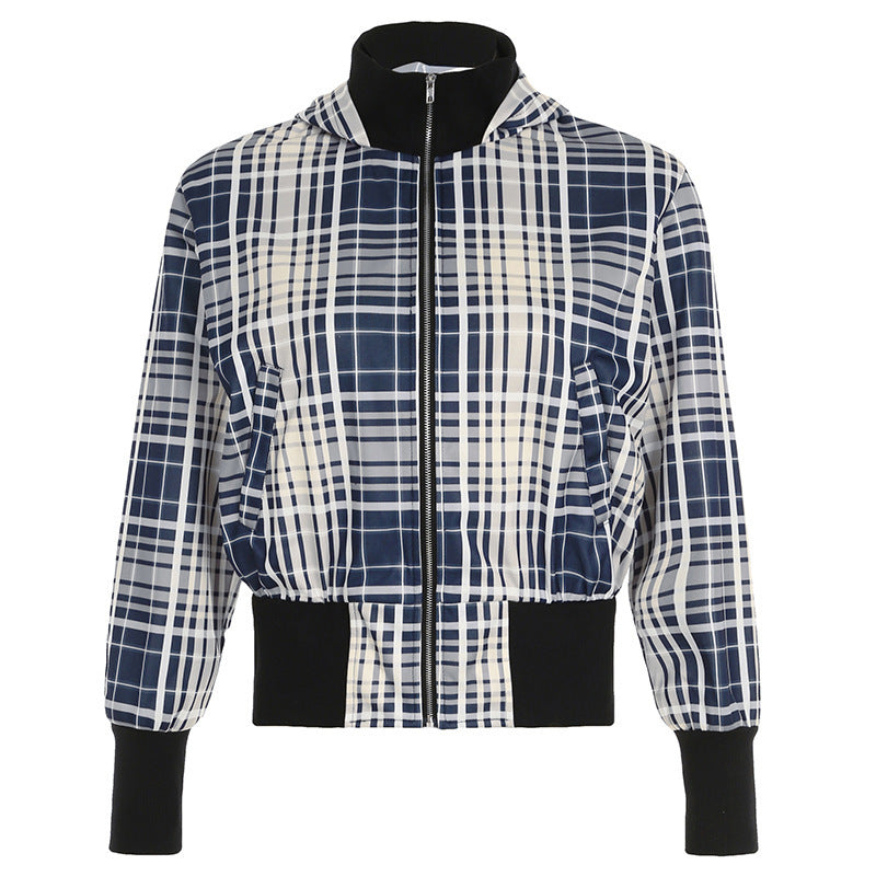 Ins Style Contrast Color Check Waist-tight Jacket - WOMONA.COM