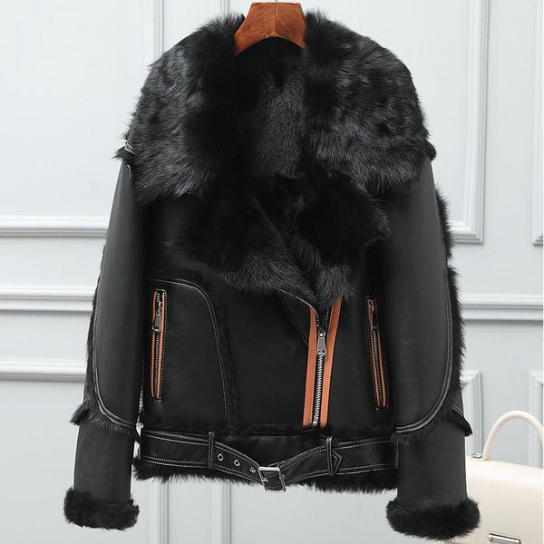 Ladies Fashion Motorcycle Fur Thermal Jacket - WOMONA.COM