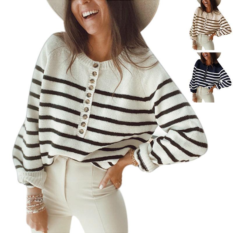 Striped Pullover Blouse Fashion Button Cardigan Women - WOMONA.COM