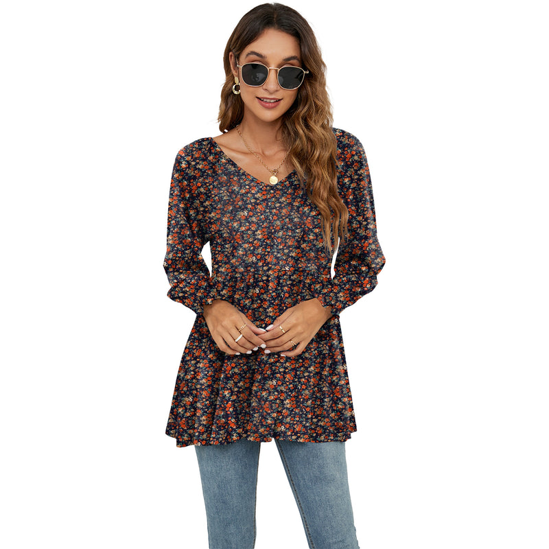 Flowers Print Casual V-Neck Blouse T-Shirts - WOMONA.COM