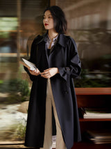 Twill Large Lapel Double Breasted Lacing Mid-length Trench Coat