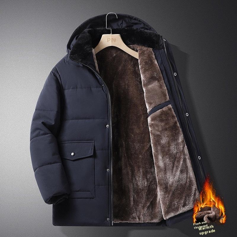 Men's padded winter coat in dark blue with plush velvet lining and hood