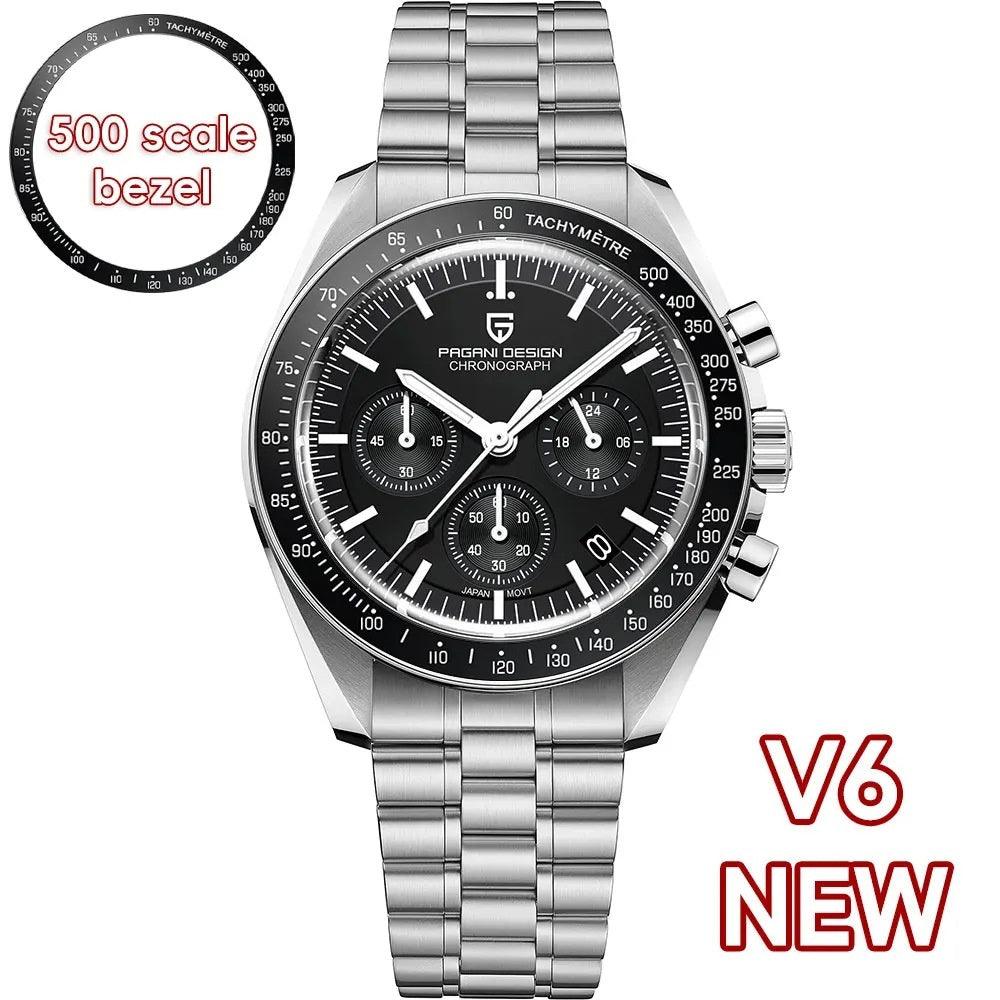 Quartz multifunction calendar waterproof wristwatch with black dial and silver metal bracelet