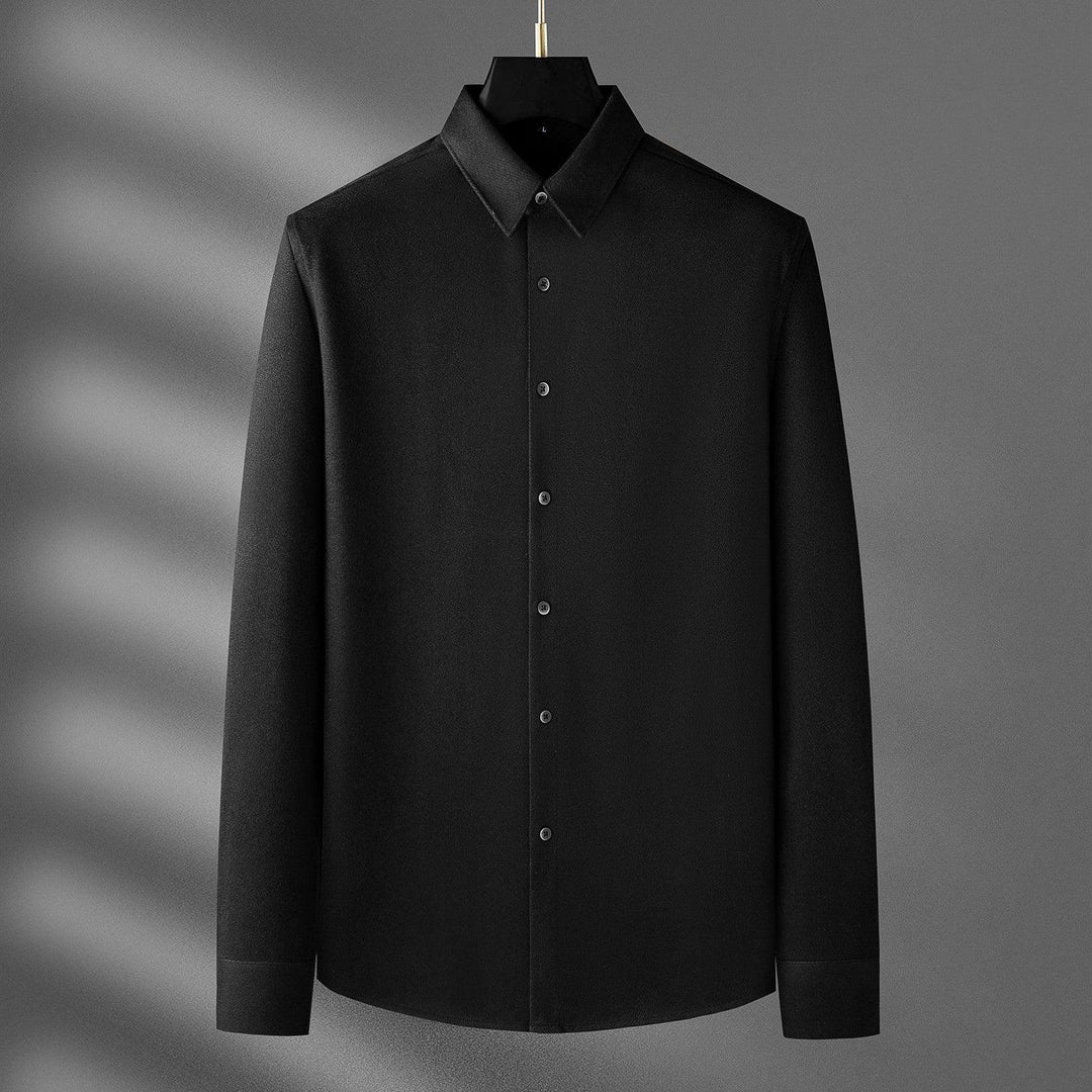 Men's long-sleeve button-up wool shirt, black, collared with front button placket