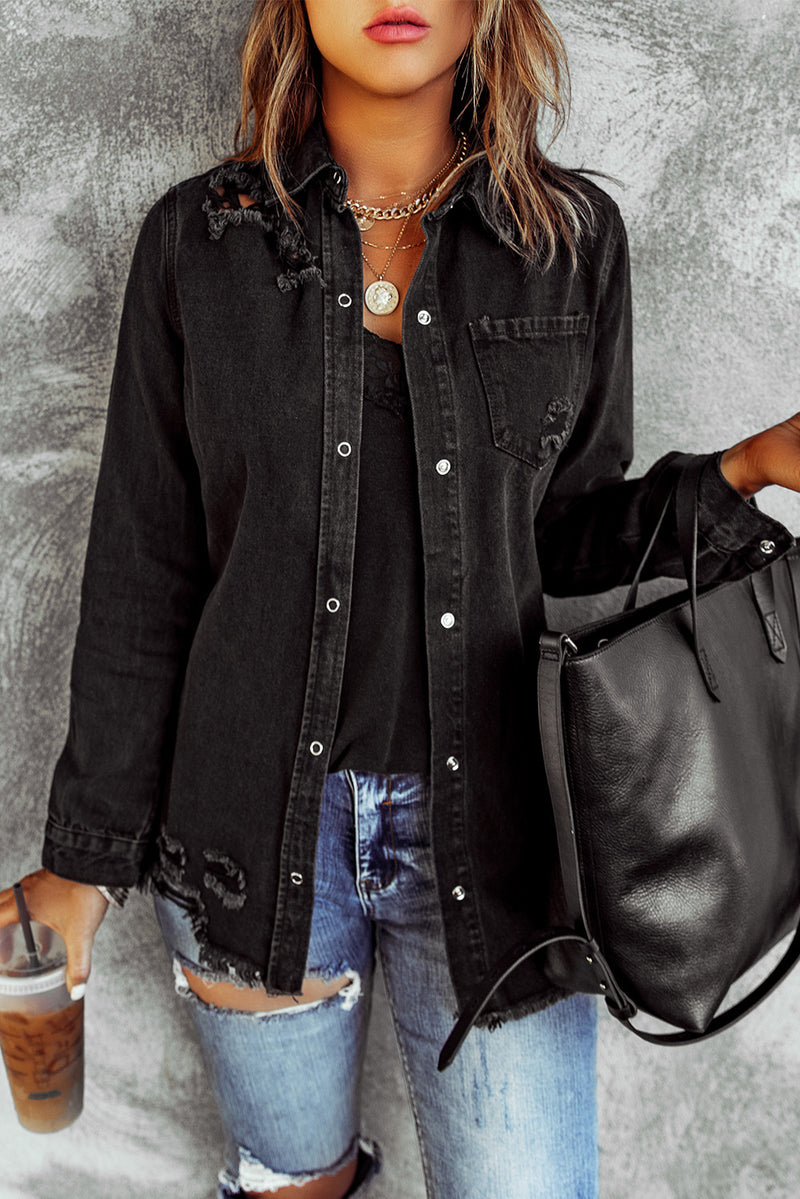 Black Ripped Long Sleeve Denim Jacket Women - WOMONA.COM