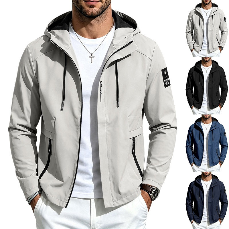 Men's lightweight hooded jacket, light gray with black front zip and drawstring hood