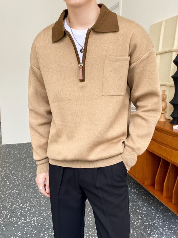 Men's Half Zipper Loose Polo Collar Sweater - WOMONA.COM