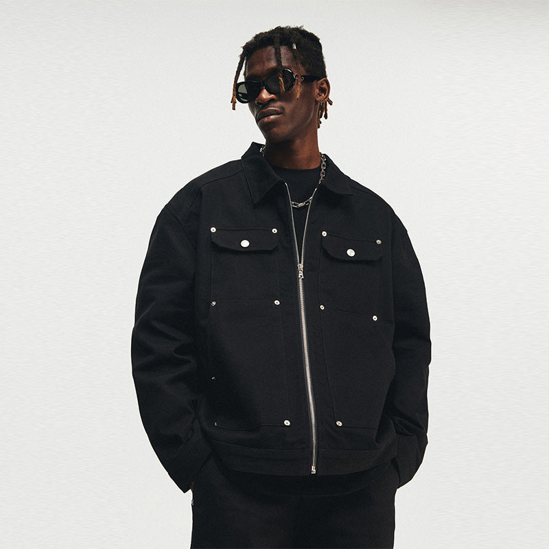 Men's Washed Black Cotton Denim Zip Jacket - product view 1