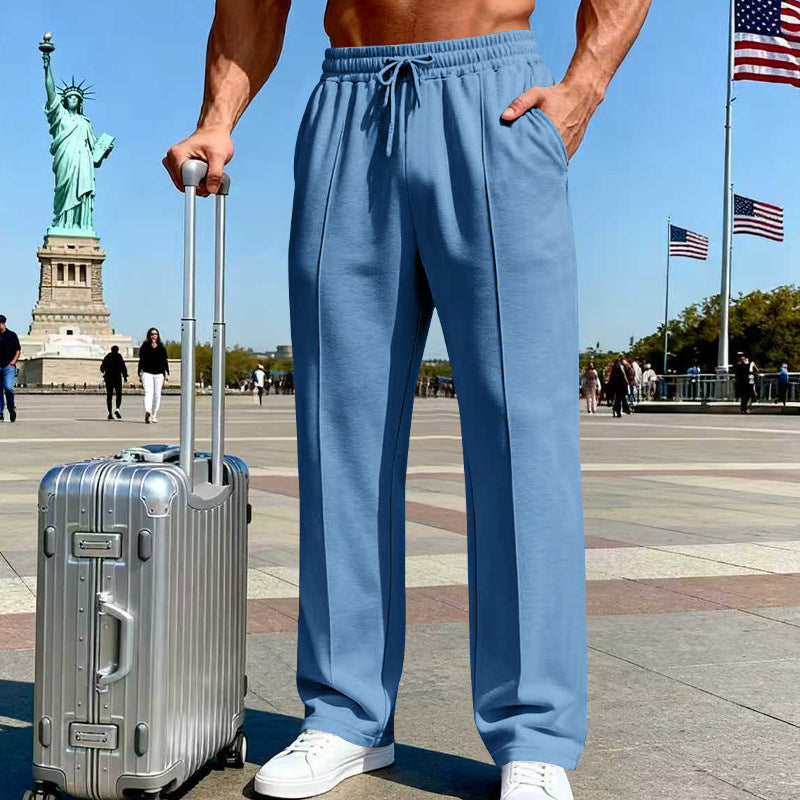 Men's knit casual straight-leg pants, light blue, elastic waistband with drawstring