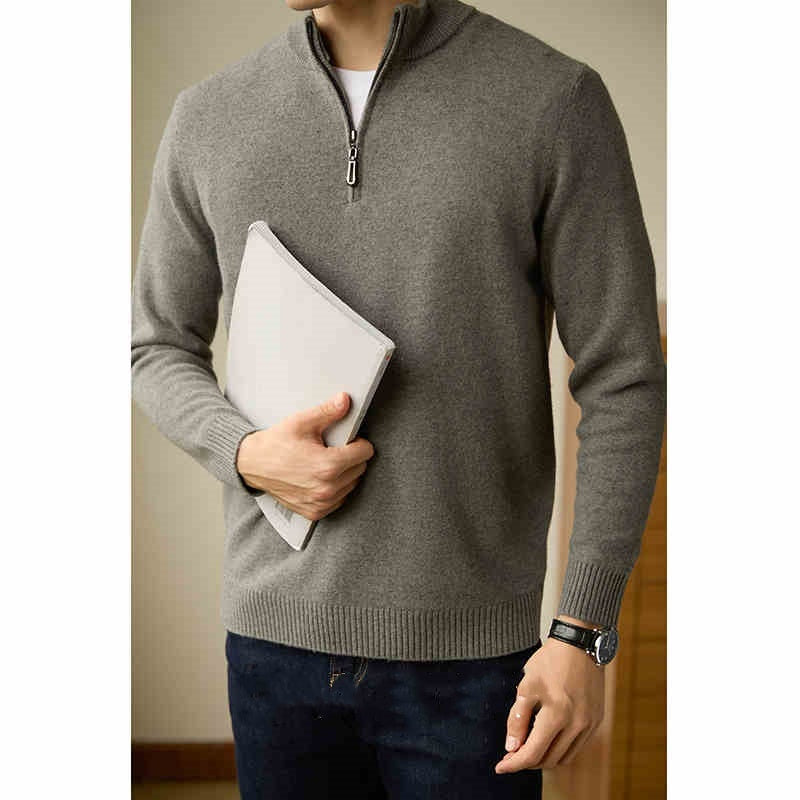 Half Zipped Stand Collar Pure Wool Thermal Sweater - WOMONA.COM